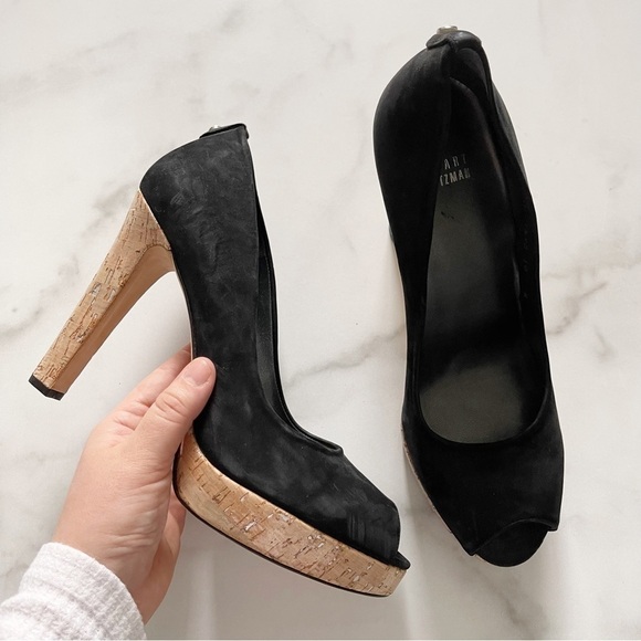 Stuart Weitzman Cork Platform Peep Toe Heel Pump Nubuck Black Leather Size 10 M - Picture 1 of 9